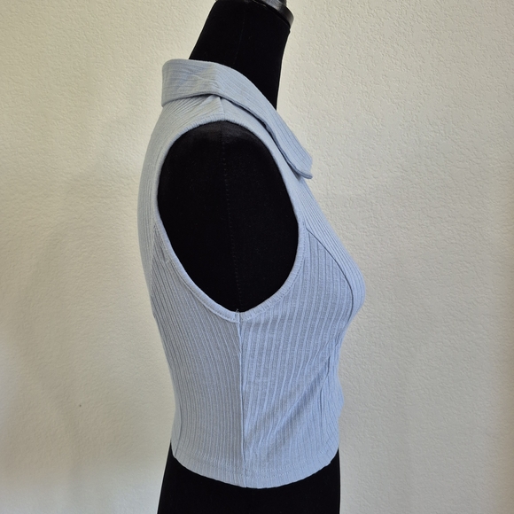 Blue Ribbed Collared Crop Top - Picture 3 of 10